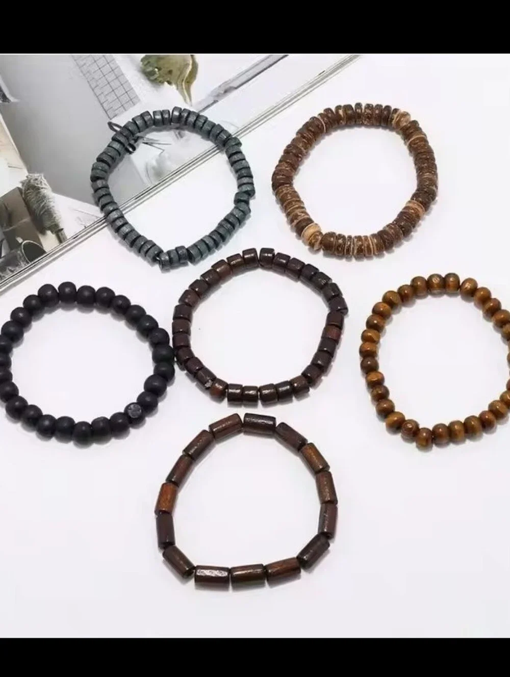Men's Bracelets Beaded‎ 6pc Layered Black Brown Jewelry New G12